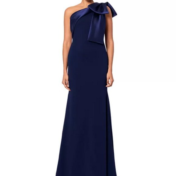 Betsy & Adam Navy Blue Bow One-Shoulder Crepe Mermaid Gown - Picture 2 of 3